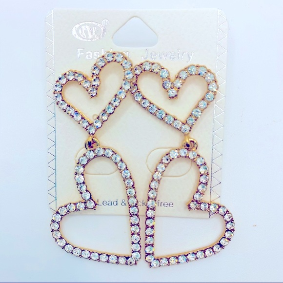 Jewelry - Earrings Crystal Drop Hearts set in Golden tone. Pierced